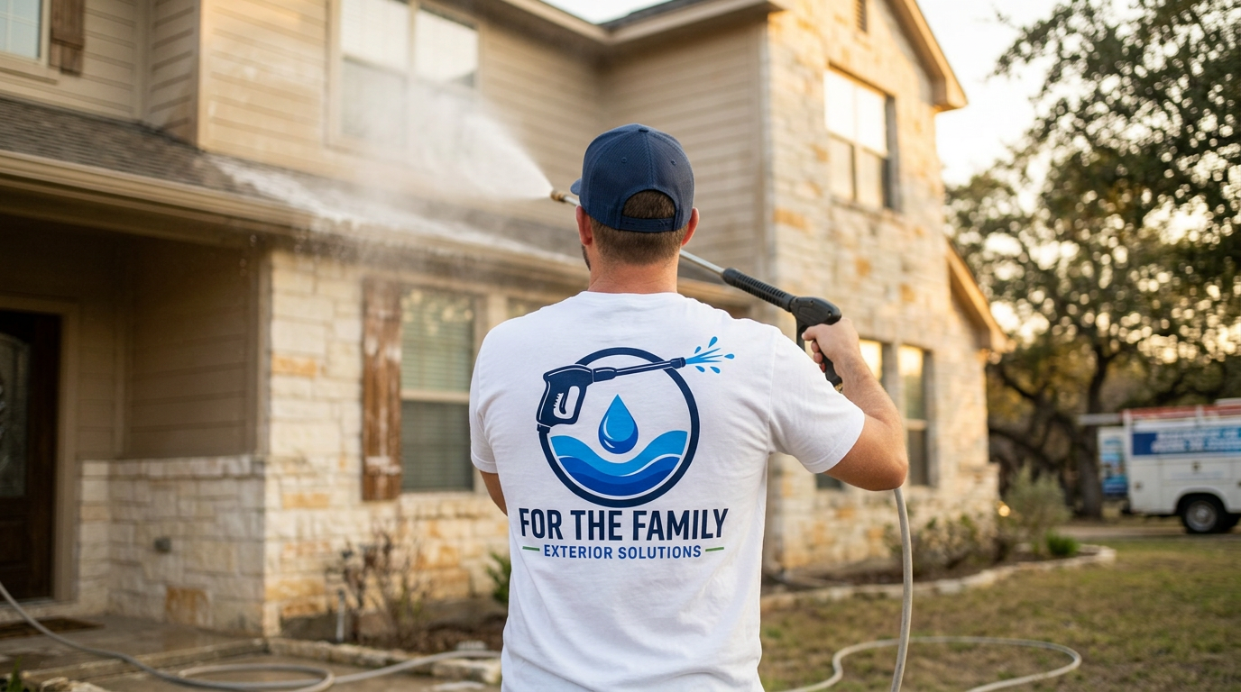 FTF crew member soft washing a home in Austin Texas